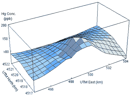 Figura 6: Un diagrama en tres dimensiones puede conectar tres variables. En este caso, el eje-x  y eje-y  están relacionados a la latitud  y longitud, mientras que el eje-z  muestra la concentración de la polución de mercurio en pequeñas zonas dentro del área. Figura adaptada de Opsomer, J.D., Agras, J., Carpi, A., Rodriques, G. (1995) An Application of Locally Weighted Regression to Airborne Mercury Deposition Around an Incinerator Site, Environmetrics, 6:205-219.