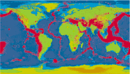 Figura 4: Los mapas son usados generalmente para mostrar la distribuición espacial de datos. Este mapa muestra la distribución de terremotos alrededor del mundo (en rojo), y es fácil ver que no están distribuidos al azar.