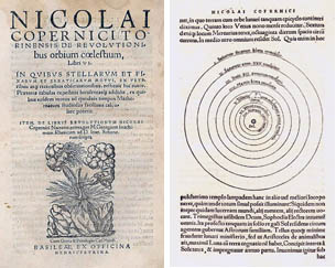 Figura 1: La tapa y una página interios de De Revolutionibus que muestra la hipótesis de Copernicus acerca de la revolución de los planetas alrededor del sol (de la 2nda edición, Basel, 1566). (de http://www.webexhibits.org/calendars/year-text-Copernicus.html)