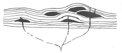 Figure 5: Gilbert's 1876 drawing representing a revised hypothesis for the formation of the Henry Mountains.