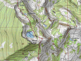 Figura 6: Porción del pico Warren USGS 7.5' en el mapa topográfico. La líneas marrones sólidas son contornos elevados. Esta imagen toma datos tridimensionales elevados y los representa en dos dimensiones.