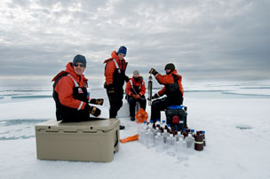 Figure 8: Members of Arrigo's research team collecting water samples from below the sea ice.