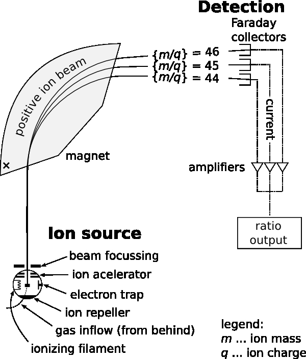 Figura 1: Un diagrama esquemático de un espectrómetro de masa. Este instrumento opera primero ionizando una muestra y después acelerándola a través de un campo magnético. Diferentes componentes de una muestra son desviadas de manera diferente de acuerdo a sus masas (m) y cargas (q), y aterrizan en diferentes posiciones (equipadas con los colectores Faraday) en los detectores del instrumento. Esto permite a científicos que calculen la relación entre cantidades muy pequeñas de diferentes isotopos o elementos.
