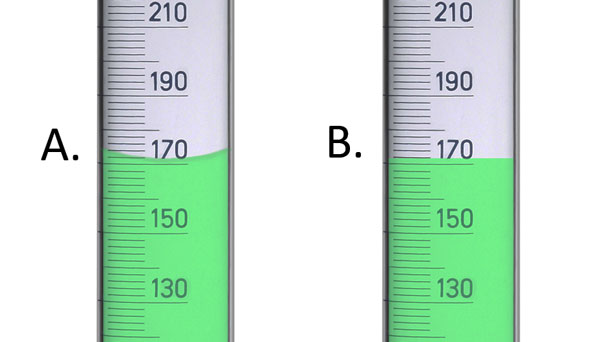 Figure 8: In graduated cylinder A, made of glass, the meniscus is concave; in cylinder B, made of plastic, the meniscus is flat.