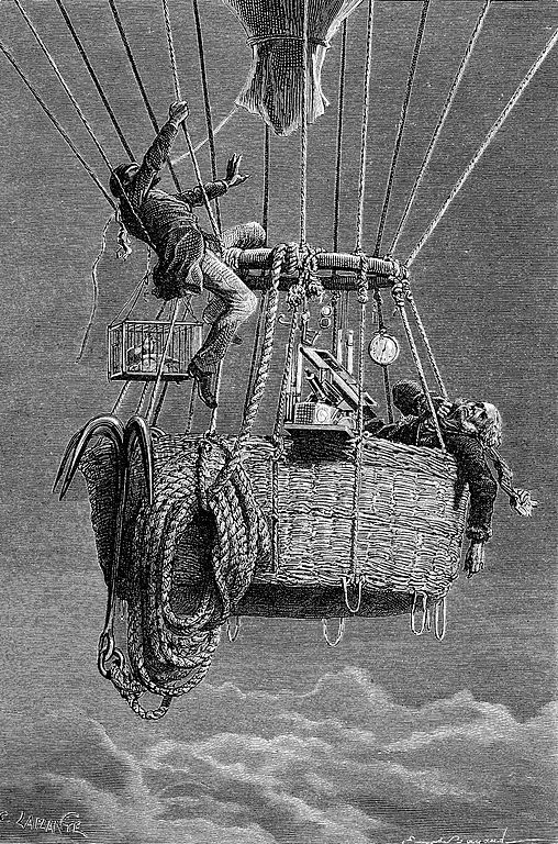 Figure 3: Illustration from Travels in the Air (1871) by James Glaisher, showing his companion, Henry Coxwell, attempting to open the valve so that the balloon could descend.