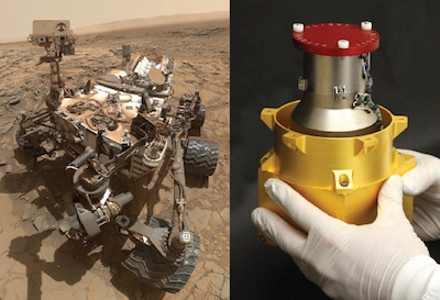 Figura 8: El rover Curiosity (izquierda) usa su detector de evaluación de radiación (derecha) para registrar la exposición a la radiación de la superficie en Marte. ¿Cómo se pueden utilizar los datos recopilados por Curiosity para hacer inferencias sobre los niveles típicos de radiación a los que estaría expuesto un futuro astronauta de Marte?