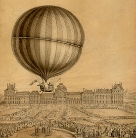 Figure 5: Jacques Charles and Nicolas Marie-Noel Robert standing in their hydrogen-filled balloon waving flags, beginning their ascent in Paris. Thousands of spectators are gathered in the foreground to witness the first manned gas balloon flight.