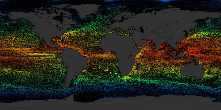 Figure 7: A visualization of global sea surface currents and temperature from NASA/Goddard Space Flight Center Scientific Visualization Studio. An animation and more information is available at https://svs.gsfc.nasa.gov/3912