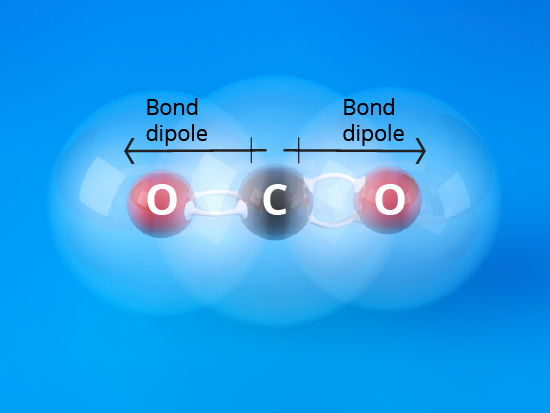 Figure 8: Electrons are not shared evenly across the C=O bonds in CO2 and thus it contains two dipoles. Since these two dipoles are opposite to one another across a linear molecule, they cancel via symmetry to leave the carbon dioxide molecule non-polar.
