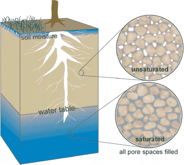 Figure 2: Groundwater exists below the water table, which divides unsaturated soil, rock, and sediments from saturated.