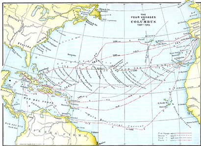 Map showing Christopher Columbusâ€™ routes across the Atlantic