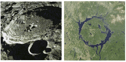 Figura 1: Cráteres en el lado lejano de la luna (Izq) y el cráter Manicouagan en Quebec (Der). Imagen cortesía de NASA.