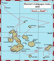 Figure 2: The Beagle's route through the Galapagos in 1835. Red triangles indicate volcanic peaks on the islands. Darwin's observations of differences between animals inhabiting the different islands in the archipelago was instrumental to his development of his theory of evolution. 