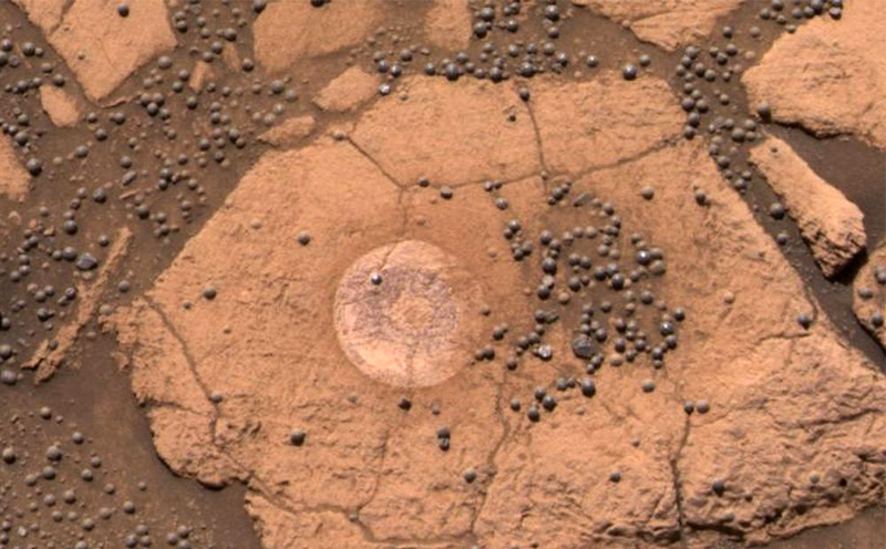 Figure 1: The small spheres in this picture were dubbed “berries” by geologists who first saw them. They sit on the surface of Mars and were photographed by the Mars rover Opportunity. A mass spectrometer on the rover was able to determine the chemical content of the berries and geologists recognized the chemical formula for hematite (Fe2O3).
