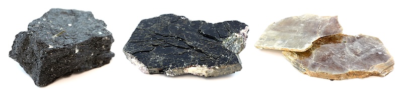 Figure 2: These three minerals can be distinguished using both color and form. Hornblende^~ (left) and biotite (middle) share the same color, but are different forms; muscovite (right) and biotite share form but not color.