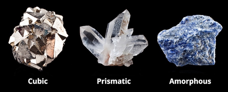 Figure 3: Examples of different types of crystal forms. On the left, pyrite has a cubic form; tourmaline (middle) is prismatic; azurite and malachite (on the right) are often amorphous.
