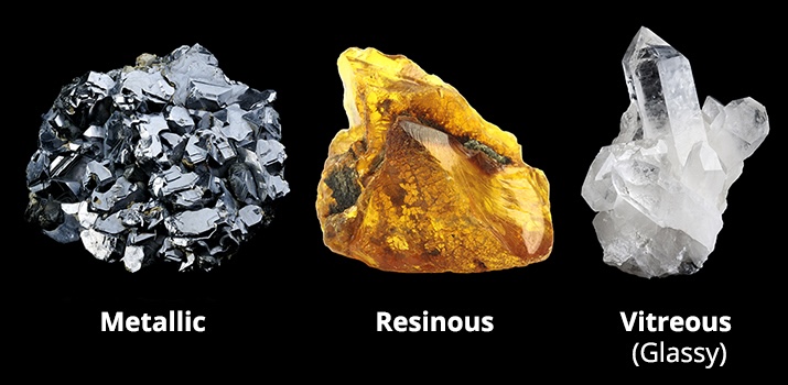Figure 5: Examples of only a few of the different lusters that can be seen in minerals. Galena (left) has a metallic luster, amber (middle) is resinous, and quartz (right) is glassy.