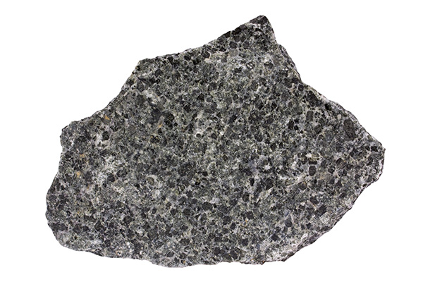 Figure 3b: Pyroxene is one of the dominant minerals in this sample of gabbro. It is the dark mineral and can be hard to recognize.