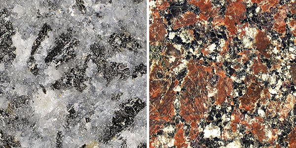 Figure 6b: The white, blocky minerals in the rock on the left are plagioclase feldspar; the pink minerals in the rock on the right (granite) are K-feldspar.
