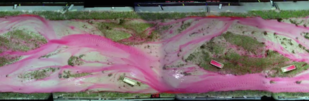 Figure 2: A photograph of the St. Anthony Falls lab river delta model, showing the experimental setup with pink-tinted water flowing over sediments. Image courtesy the National Center for Earth-Surface Dynamics Data Repository http://www.nced.umn.edu [accessed September, 2008]