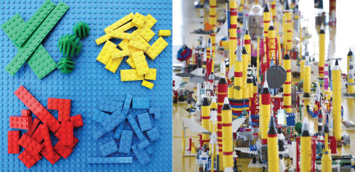 Figura 1: En la izquierda, los ladrillos individuales de LEGO® y cómo se entrelazan. A la derecha, un modelo de un centro espacial de la NASA construido con piezas de LEGO®.