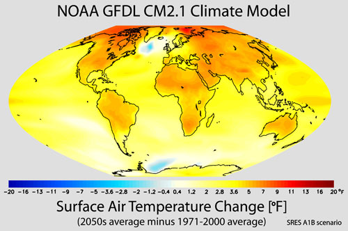 Figure 7: Projected change in annual mean surface air temperature from the late 20th century (1971-2000 average) to the middle 21st century (2051-2060 average). Image courtesy NOAA Geophysical Fluid Dynamics Laboratory.