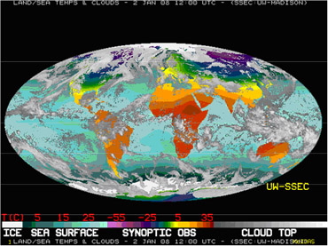 Figure 2: Satellite image composite of average air temperatures (in degrees Celsius) across the globe on January 2, 2008 (http://www.ssec.wisc.edu/data/).