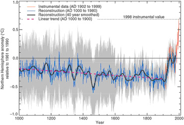 Figura 4: Las diferencias entre la temperatura promedio anual y la temperatura promedio durante el periodo de referencia 1961-1990. La línea azul representa los datos los registros de los anillos de árboles, centro del hielo, y el crecimiento coral. La línea anarajanda representa los datos medidos con instrumentos modernos. Gráfico adaptado de Mann et al. publicado en IPCC Third Assessment Report.