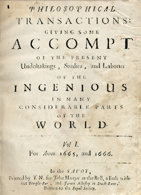 Figure 2: Cover of the first issue of Philosophical Transactions published by the Royal Society. The journal established one of the first peer review policies.