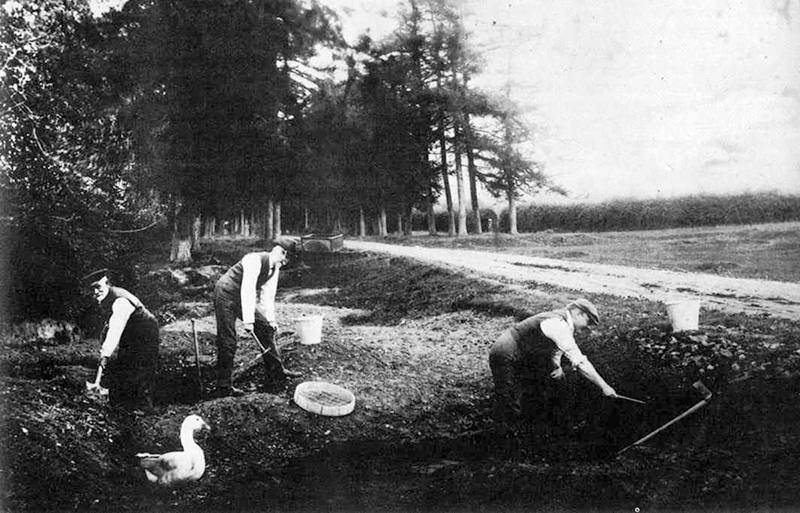 Figure 1: Charles Dawson (right) and Smith Woodward (center) excavating the Piltdown gravels.