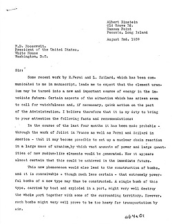 Figure 2: Scanned original of the first page of Einstein's first letter to FDR. Click on letter to see full-size versions of both pages.