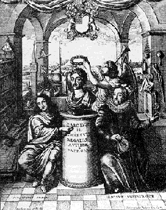 Figure 3: Frontispiece from the 1667 History of the Royal Society by Thomas Sprat. The figure on the right is Francis Bacon; Lord Brouncker, the first president is to the left of the bust of Charles II, the first patron of the society.  Bacon is pointing to Boyle's apparatus for his gas experiments.