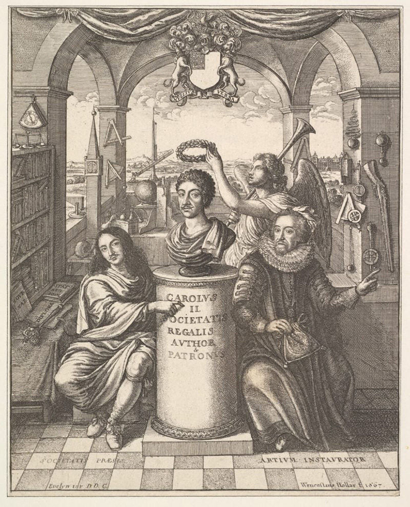Figura 3: Frontispicio de la Historia de la Real Sociedad, de 1667, por Thomas Sprat. La figura de la derecha es Francis Bacon, Lord Brouncker, el primer presidented está a la izquierda del busto de Charles II, el primer patrocinador de la sociedad. Bacon está señalando el dispositivo de Boyle para sus experimentos con gas. 