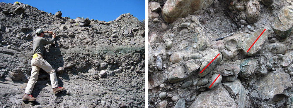 Figure 3: Joe Colgan measuring imbrication in cobbles in the field, and a close-up view of imbrications (right). The red lines indicate the orientations that the authors measured.
