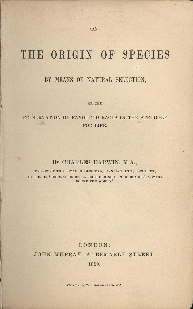 Figure 4: Title page of the 1859 Murray edition of the Origin of Species by Charles Darwin.
