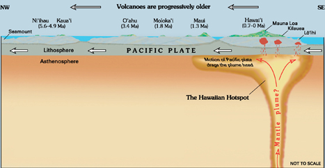 Figure 2: Conceptual cross-section through the Earth at the Hawaiian islands, showing the proposed mantle plume.