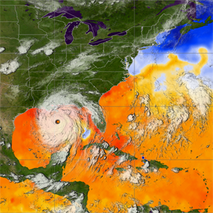 Figure 5: GOES satellite image of Hurricane Katrina on August 29, 2005, with sea surface temperatures.