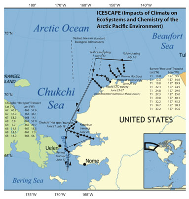 Figura 4: El plan para el crucero de ICESCAPE para revisar y obtener muestras de las ubicaciones para la expedición del año 2010, que fue establecido antes del crucero.