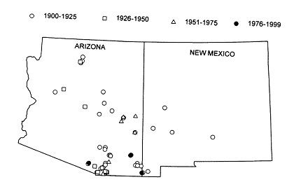 Figure 6: Carlos López-González (Avila's advisor from graduate school) and David E. Brown pieced together hunters' photographs, historical newspaper articles, records from wildlife agencies, specimens in museum collections, and other published accounts to map a century of jaguar sightings in the southwestern US.

Reprinted with permission from: Brown, D. & López-González C. (2000). Notes on the Occurrences of Jaguars in Arizona and New Mexico. The Southwestern Naturalist, 45, 537-542.