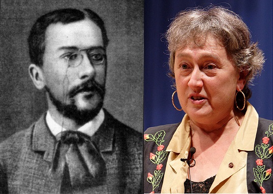Figure 2: Konstantin Mereschkowski (left), a Russian biologist, originally proposed the idea that chloroplasts in plant cells were the distant relatives of photosynthetic single-celled organisms. Lynn Margulis (right) revived this idea and provided a detailed mechanistic theory which was later confirmed by many lines of evidence.