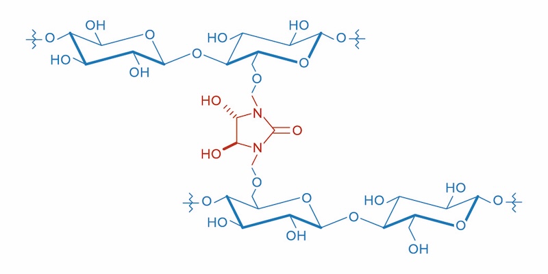 Figure 4: Cross linking of cellulose: Ring-shaped organic compounds replace the weak hydrogen bonds. This prevents the polymer chains from breaking apart.