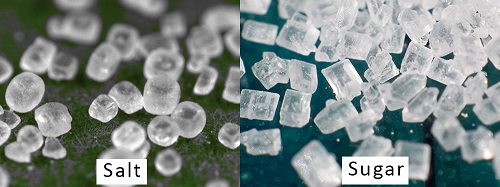 Figura 2: Vista cercana de cristales de sal (izq.) y azúcar (der.) 