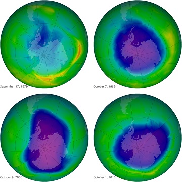 Figura 5: Una serie de imágenes de NASA del agujero del ozono de 1979 al 2010.