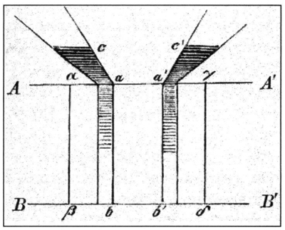 Figure 4: Fick's experimental setup in which he connected cylindrical and conical tubes to a reservoir filled with freshwater. (Image from the 1903 publication, Collected Works, I.  Stahel’sche Verlags-Anstalt, Würzburg: Germany.)
