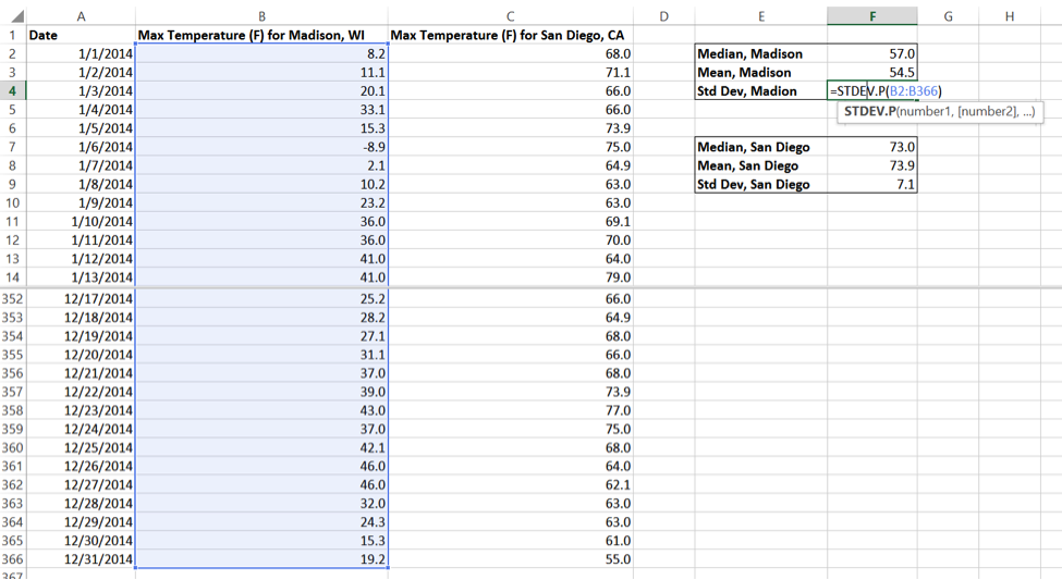 Excel page 4: Calculating the median, mean, and standard deviation of the San Diego dataset
