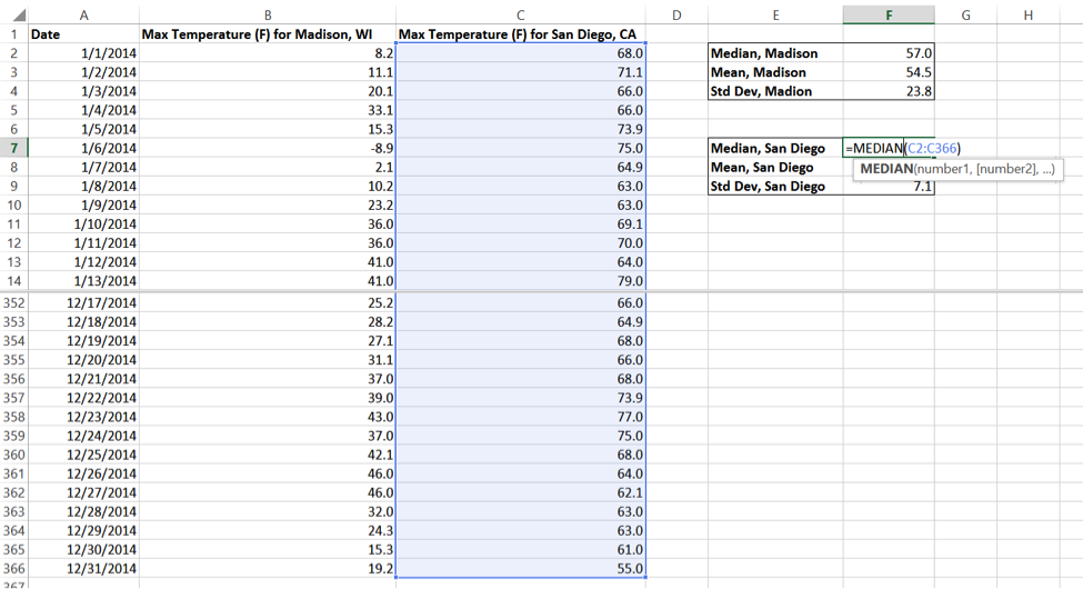 Excel page 5: Temperature comparison of Madison and San Diego