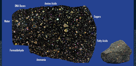 Figure 3: The Murchison meteorite, which landed in Australia in 1969, has been shown to contain many types of chemicals required by life on Earth. On the right is a pebble-sized fragment of the meteorite; when magnified 10 times and placed in polarized light, a slice of the meteorite reveals various minerals in different colors.