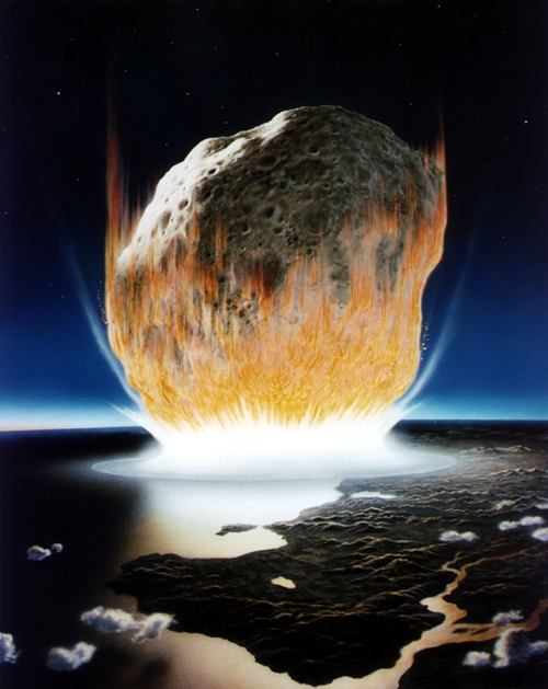 Figure 6: An artist's rendering of an asteroid impacting the Yucatán peninsula, an area now near the Mexican town of Chicxulub, at the end of the Cretaceous ^~period.