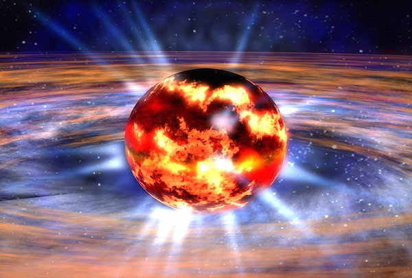 Figura 2: Una representación artística de una estrella de neutrón. Estos tipos de estrellas contienen la misma cantidad de materia que el sol, pero una esfera mas pequeña. 
