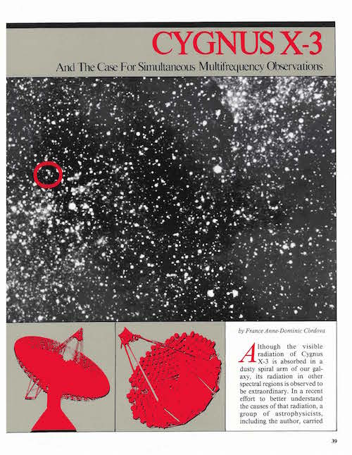 Figura 3: Uno de los artículos de investigación que Córdova escribió mientras estaba en el Laboratorio Nacional de Los Alamos – Córdova, FA. (1986, Primavera). Cygnus X-3 y el caso de observaciones de multifrecuencias simultaneas. Los Alamos Science, 13:39-59.